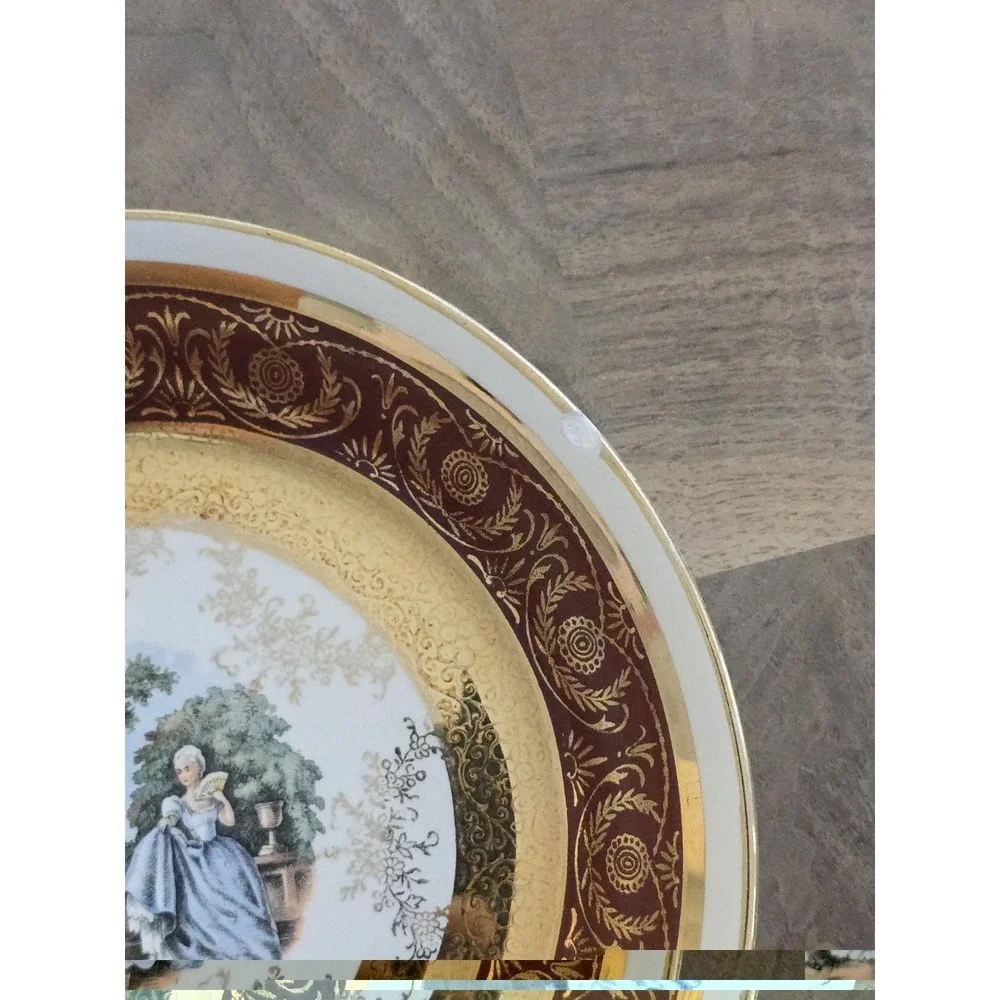 22K Gold Red Victorian Scene Plate Le Petit China (Small Chip and scratches)